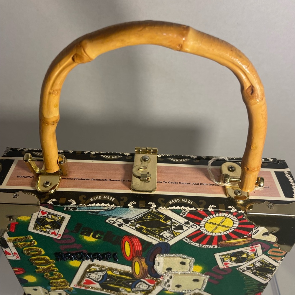PREZZO Handmade Casino Cigar Box Purse Bamboo Handle Leopard Lining - Picture 4 of 11